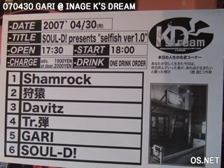 2007/04/30 GARI@稲毛K'S DREAM 出演者